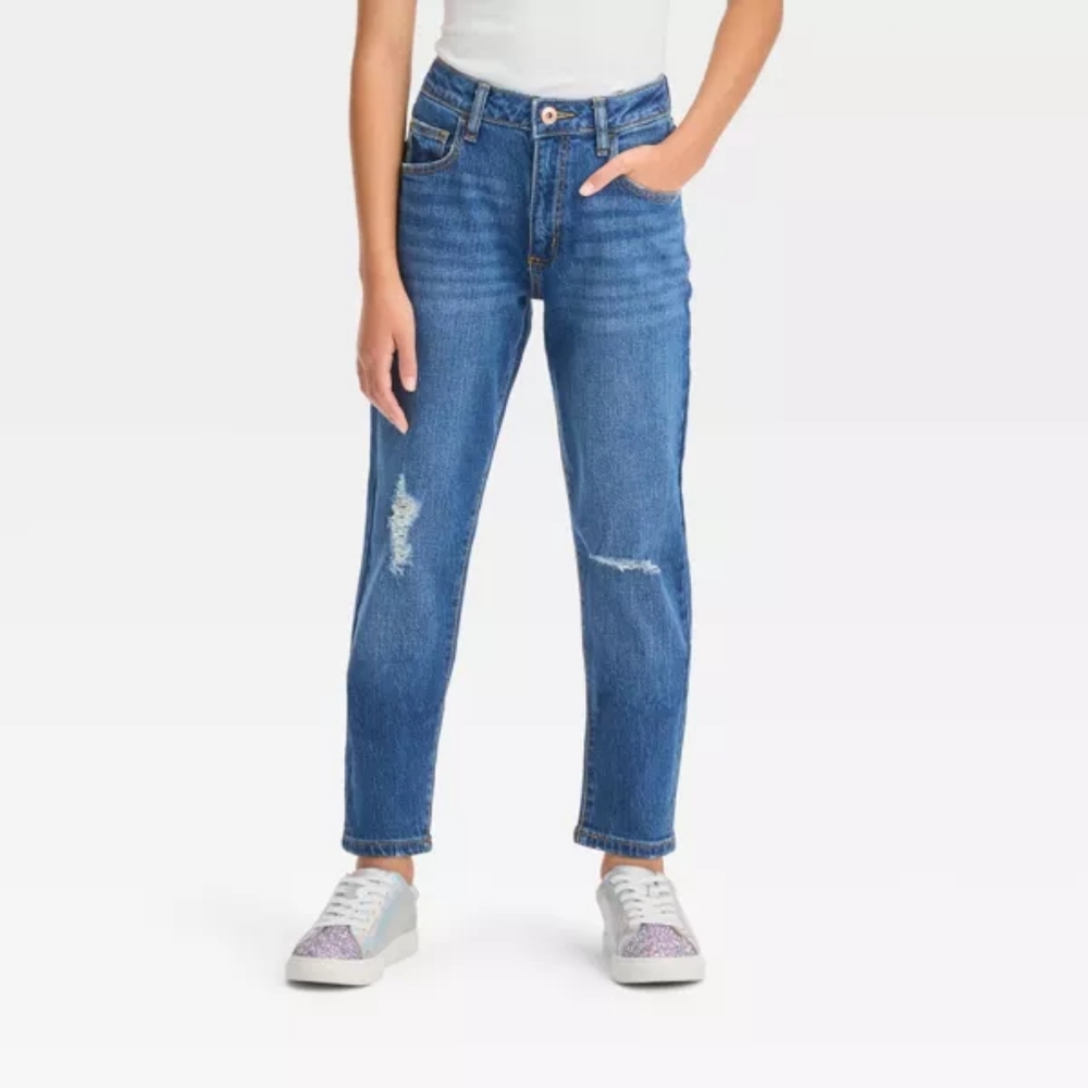 14 Girls' High Rise Relaxed Tapered Cropped Jeans - art class Distressed Denim